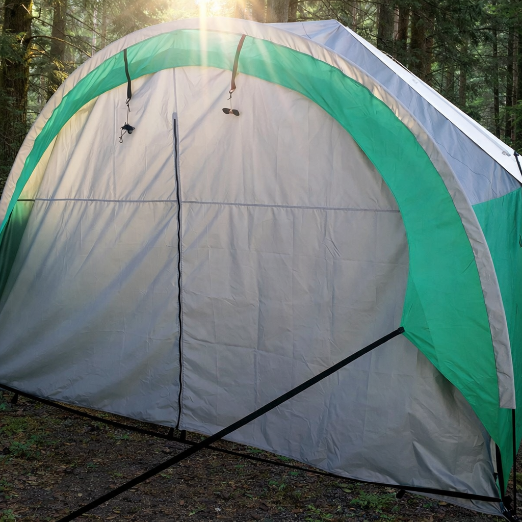 The Paha Que Custom NuCamp TAB 320 Awning Solid Front Wall Accessory for T@B 320 Trailer is set up in a sunlit forest, with sunlight streaming through the trees and illuminating the tent’s entrance.