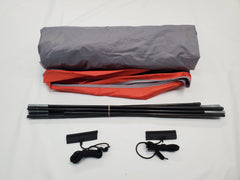 The Paha Que Custom Ultimate Toys Trailer Visor Camping Accessory for Ultimate Toys Camper includes a gray tent body, red rainfly, black poles, and two sets of black cords with stakes—perfect for your trailer awning or camper visor setup.