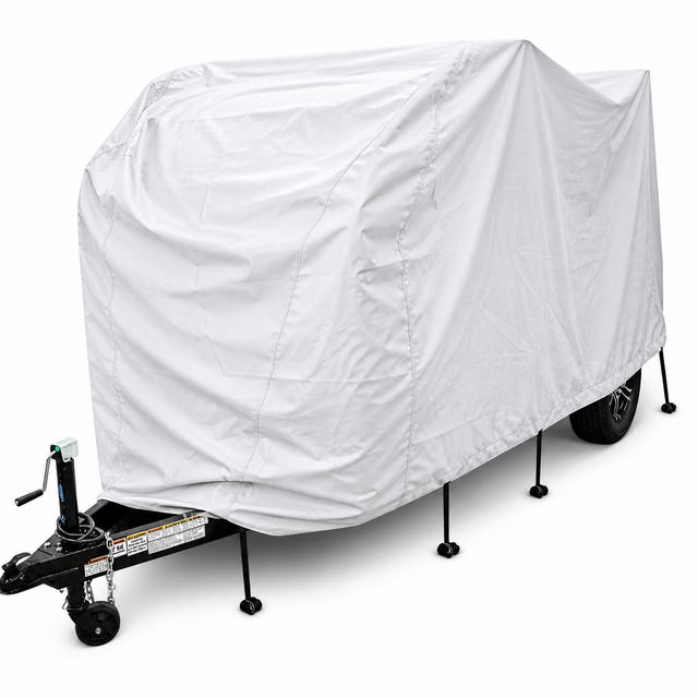 A small trailer is protected with the Ultimate Toys Trailer Cover by PahaQue, featuring durable weather-resistant material by Paha Que Custom, standing on four stabilizing jacks with a black hitch and jack visible at the front.