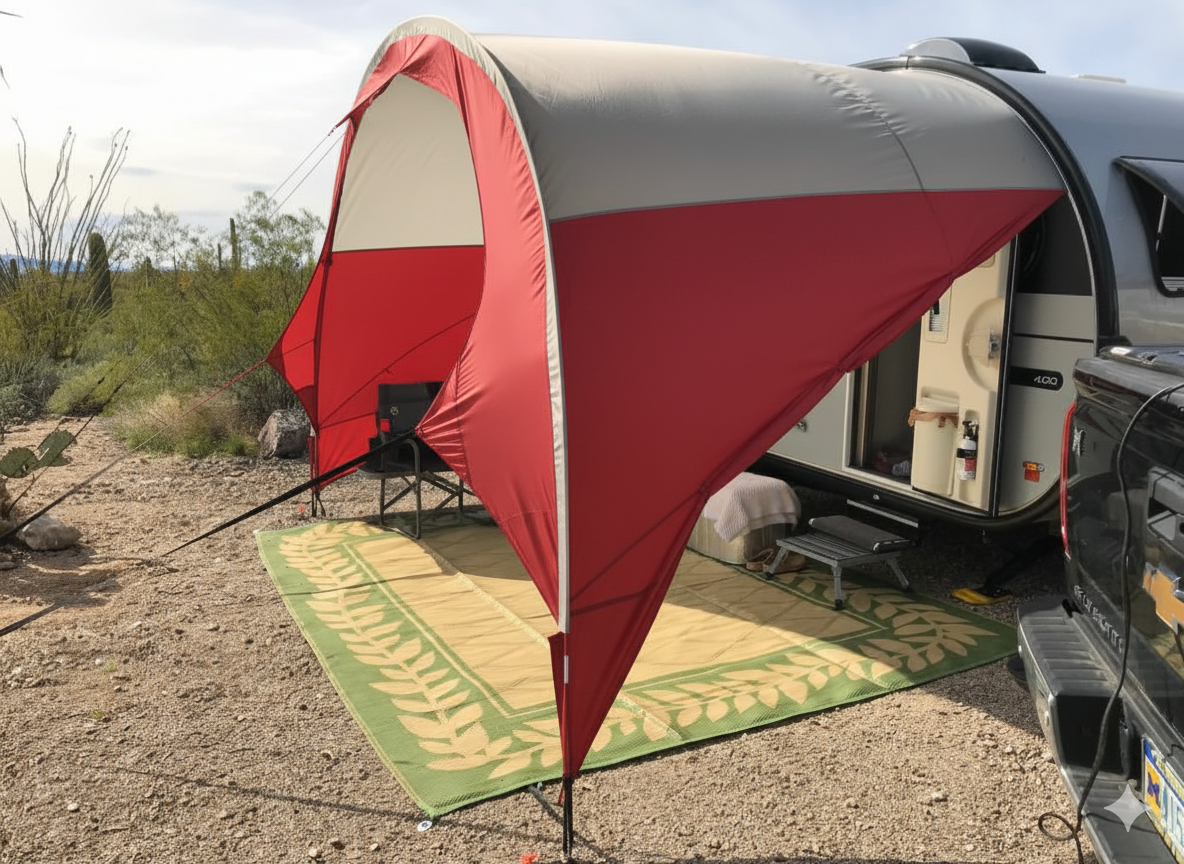 A NuCamp TAB 400 Trailer Awning by Paha Que Custom is set up on a TAB 400 trailer at a desert campsite. Under the red and white awning are camping chairs and a woven mat, with desert plants and cacti in the background.