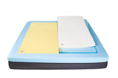 The PahaQue Wilderness Should The Mattress in Pieces and Foldable? displays exposed yellow, white, and blue foam layers on a dark gray base—ideal for understanding construction before adding custom options with Easify Product Options.
