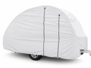 The Little Guy Max Trailer Cover by Paha Que Custom offers premium weather protection with heavy-duty MagnaTuff fabric, two vertical zippers, and openings for the wheel and hitch to ensure superior trailer coverage.