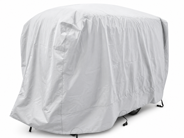 A large vehicle is fully covered with the Paha Que Custom Happier Camper HC1 Cover, a light gray custom-fit trailer cover that offers weather protection. Only the outline and part of the wheels are visible underneath.