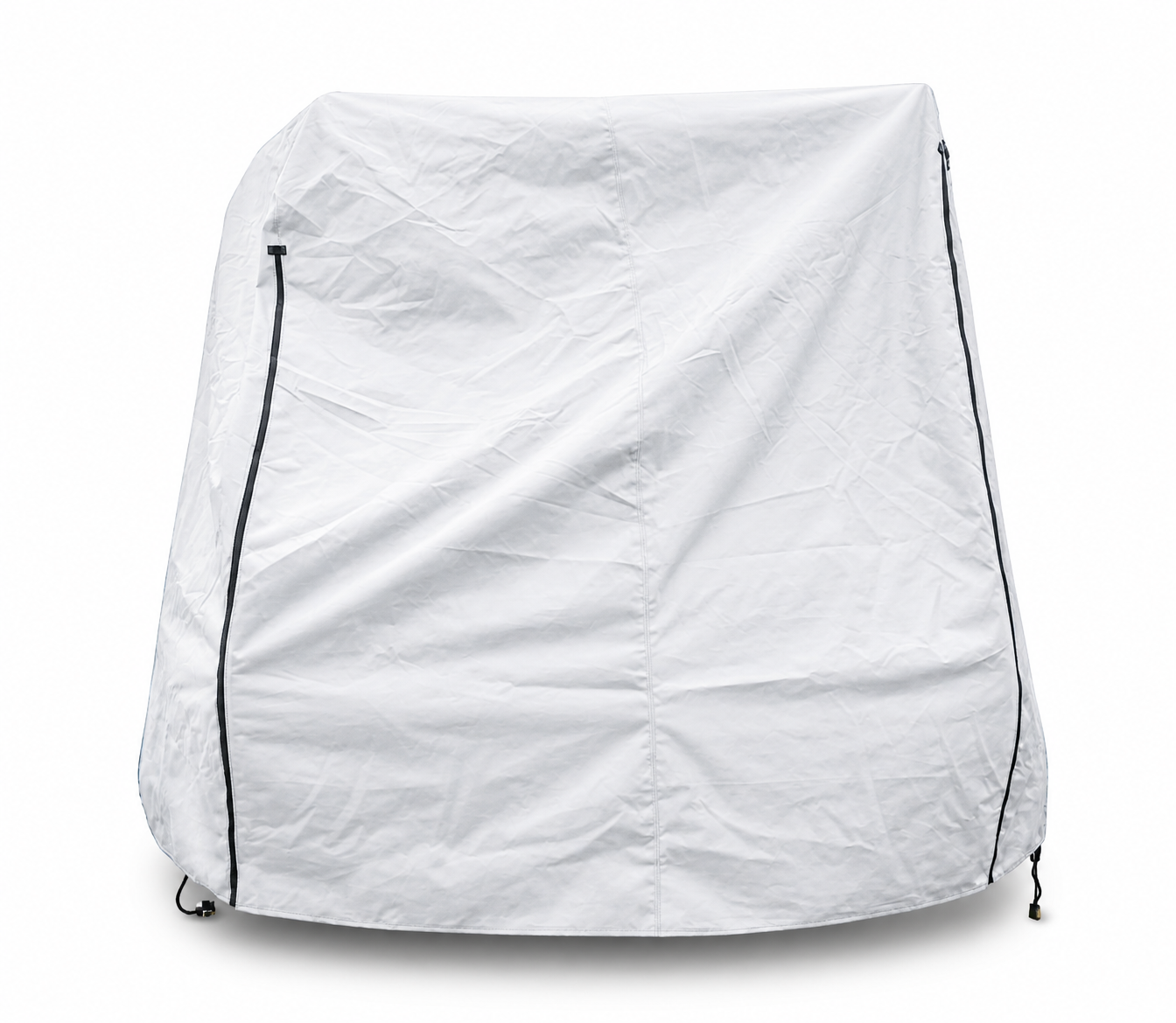 The Hero Trailer Cover by PahaQue, from Paha Que Custom, is a large white custom-fit cover with black zippers and drawstrings on both sides, shown draped over a trailer against a white background for optimal protection. CLEARANCE SALE.