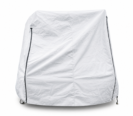 The Hero Trailer Cover by PahaQue, from Paha Que Custom, is a large white custom-fit cover with black zippers and drawstrings on both sides, shown draped over a trailer against a white background for optimal protection. CLEARANCE SALE.
