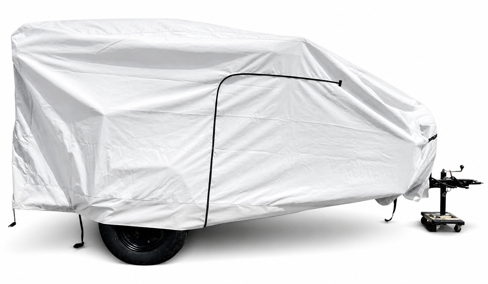 A Hiker Trailer is shielded by a Paha Que Custom Hiker Trailer Covers Custom Fit Outdoor Protection, featuring one visible wheel and a hitch with a small front support wheel.