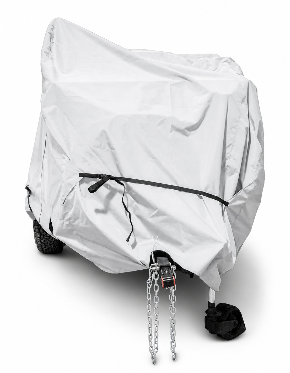 The Paha Que Custom Off Grid Trailer Covers provide premium weather protection for most OffGrid trailers, secured with straps and bungee cords, plus easy attachment of chains and a hitch lock at the front.