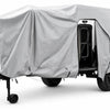 The compact trailer is protected by the Paha Que Custom Xpedition Trailer Cover for Ultimate Protection and Longevity, which features a light gray custom fit, zippered opening, and reveals the black door and frame while ensuring superior weather protection.