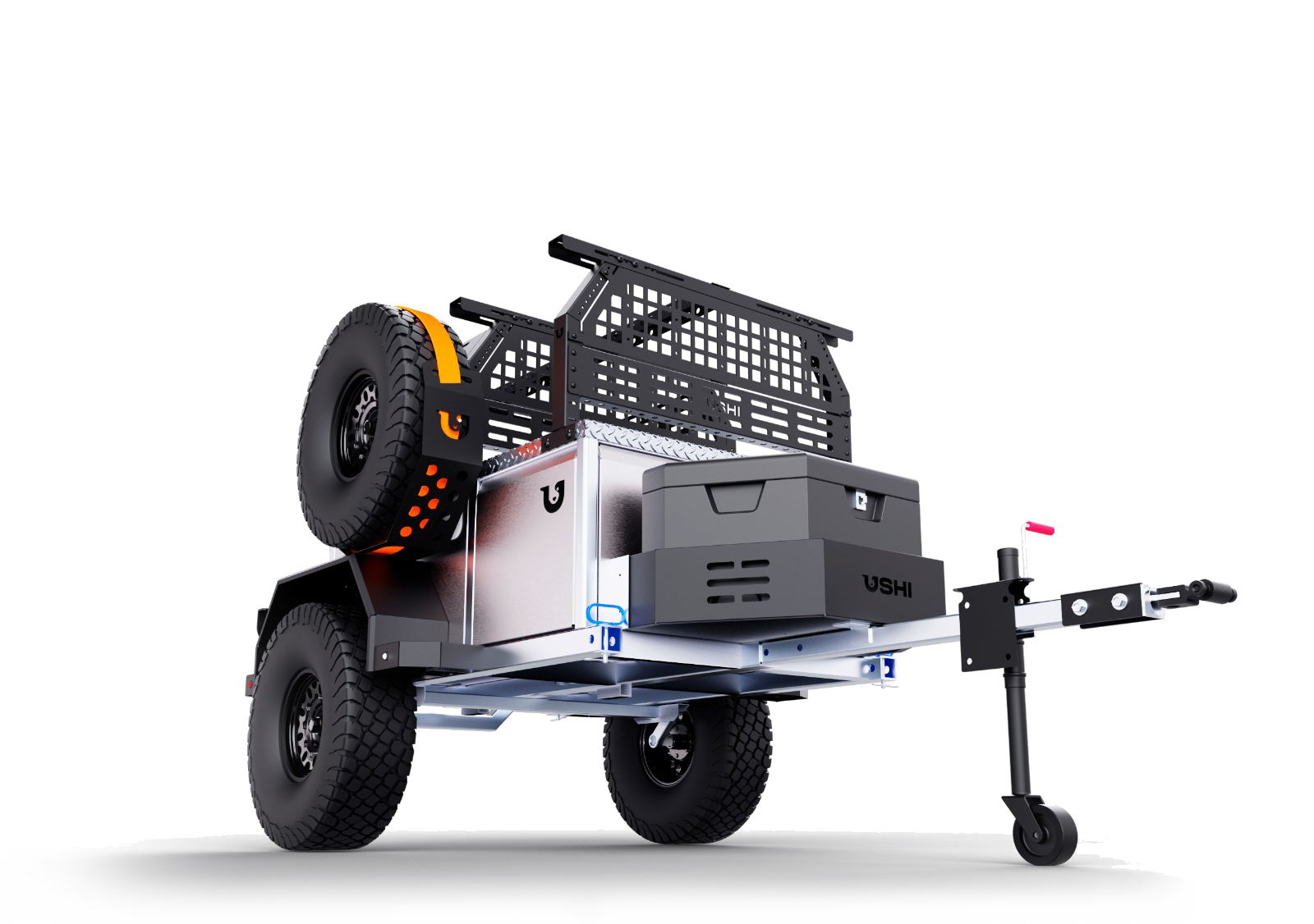 A rugged off-road utility trailer with modular storage and large tires is protected by the Paha Que Custom Ushi Chuck MAX Trailer Cover by PahaQue, featuring heavy duty MagnaTuff fabric for all-weather adventure, shown against a plain white background.