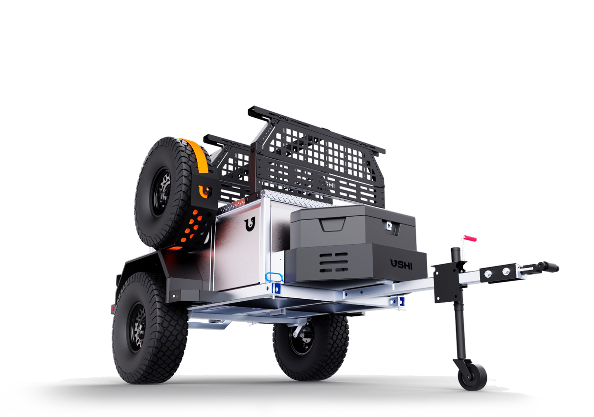 The Ushi Chuck MAX Trailer Cover by Paha Que Custom offers heavy-duty, weatherproof protection for off-road utility trailers with large tires, roof rack, toolbox, side compartments, and spare tire—crafted with durable MagnaTuff fabric.