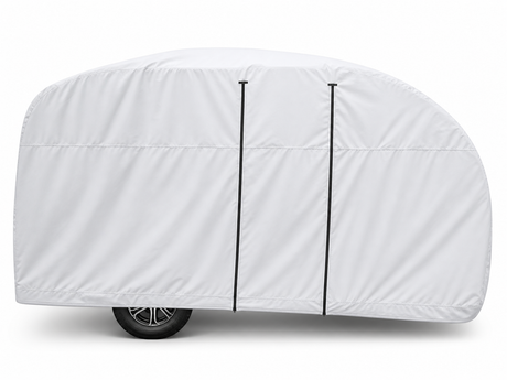 A teardrop camper is protected by a white Paha Que Custom Forest River R-Pod Trailer Cover (Model 171/172), made with weather-resistant MagnaTuff fabric; only one wheel is visible at the bottom, set against a plain white background.