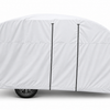 A teardrop camper is protected by a white Paha Que Custom Forest River R-Pod Trailer Cover (Model 171/172), made with weather-resistant MagnaTuff fabric; only one wheel is visible at the bottom, set against a plain white background.