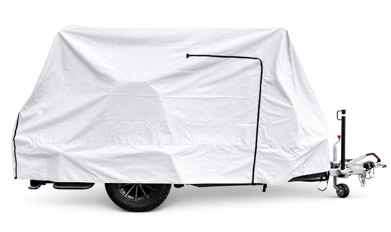 The Paha Que Custom Squaredrop Trailer Cover 6 x 13 features heavy duty MagnaTuff fabric, a white weatherproof tarp, black zippers, and visible tow hitch and wheels, all displayed against a plain white background.