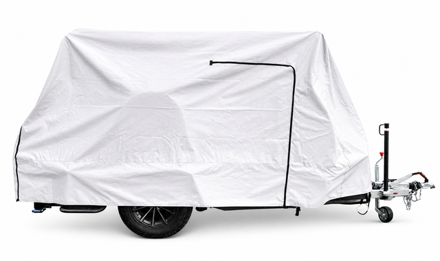 The Paha Que Custom Squaredrop Trailer Cover 6 x 13 features heavy duty MagnaTuff fabric, a white weatherproof tarp, black zippers, and visible tow hitch and wheels, all displayed against a plain white background.