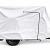 The Paha Que Custom Squaredrop Trailer Cover 6 x 13 features heavy duty MagnaTuff fabric, a white weatherproof tarp, black zippers, and visible tow hitch and wheels, all displayed against a plain white background.