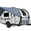 A small white teardrop camper with mountain graphics features a Paha Que Custom NuCamp TAB 360 Trailer Visor Accessory for Enhanced Outdoor Protection, a side door, black accents, window, diamond-plate storage box, and trailer hitch.