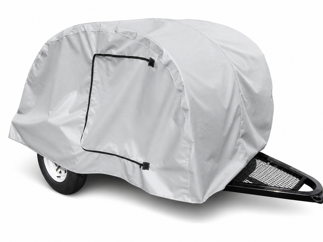 The Paha Que Custom Teardrop Trailer Cover, 4' wide and made from heavy duty MagnaTuff fabric, is light gray with a zippered side opening for easy access and provides weather protection for small utility trailers.