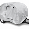 The Paha Que Custom Teardrop Trailer Cover, 4' wide and made from heavy duty MagnaTuff fabric, is light gray with a zippered side opening for easy access and provides weather protection for small utility trailers.