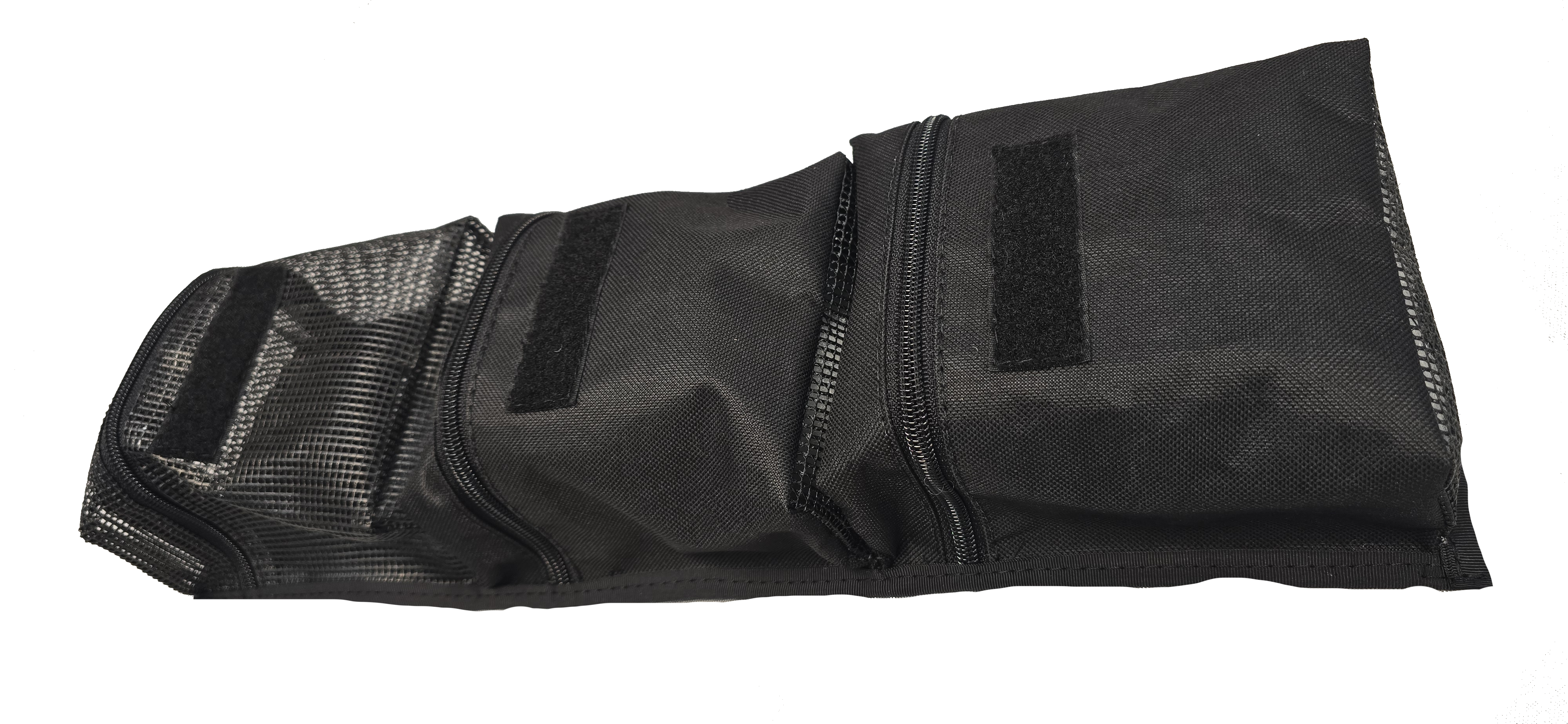 The PahaQue Gear Pouches by PahaQue Wilderness feature three zippered compartments, including a mesh end and Velcro top patches—ideal as heavy-duty organizers for efficient storage of your trailer gear.