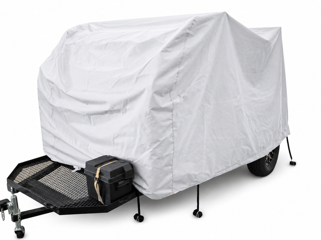 A UKAN Camp 590G/585G 5x9 utility trailer by PahaQue Wilderness features a white custom-fit cover for protection, black metal frame, front storage box, and four stabilizing legs, parked on a flat surface.