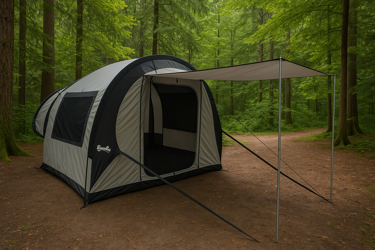 A spacious gray and black Paha Que Custom NuCamp TAB 360 Trailer Side Tent for Enhanced Camping Experience, with an extended canopy and open door, stands in a lush green forest clearing surrounded by tall trees.