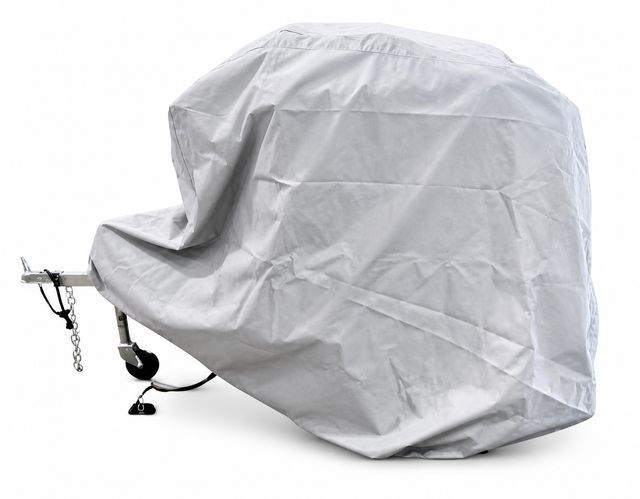 A large trailer is fully covered with the Ushi Chuck MAX Trailer Cover by PahaQue, offering heavy-duty weatherproof protection, while part of the metal hitch and wheel remain visible beneath the gray Paha Que Custom tarp.