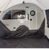 Enjoy a camping upgrade with the Paha Que Custom NuCamp TAB 320 Trailer Side Tent for TAB and Boondock Trailers—shown here attached to a gray teardrop camper with round door, window, and mountain graphics.