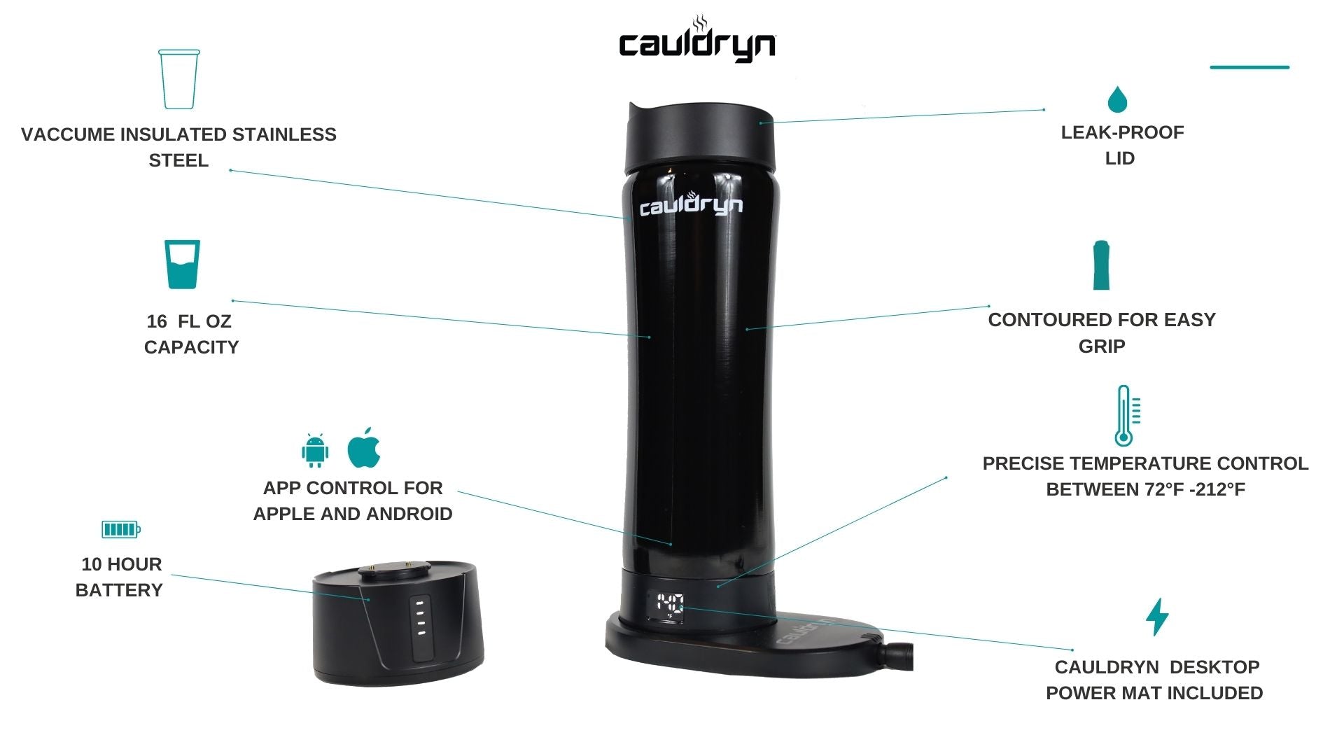 The PahaQue Wilderness Cauldryn Coffee Pro is a tall black smart mug with vacuum insulated stainless steel, 16 oz capacity, 10-hour battery, app control for Apple/Android, leak-proof lid, contoured grip, and charging base—great for travel.