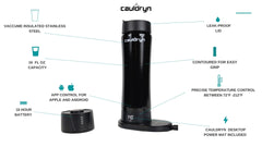 The PahaQue Wilderness Cauldryn Coffee Pro is a tall black smart mug with vacuum insulated stainless steel, 16 oz capacity, 10-hour battery, app control for Apple/Android, leak-proof lid, contoured grip, and charging base—great for travel.