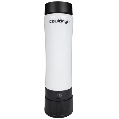 The Cauldryn Coffee Pro by PahaQue Wilderness is a white, cylindrical smart temperature control mug with a black lid and base, plus a digital display at the bottom.