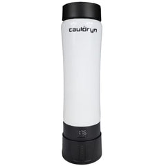 The Cauldryn Coffee Pro by PahaQue Wilderness is a white, cylindrical smart temperature control mug with a black lid and base, plus a digital display at the bottom.