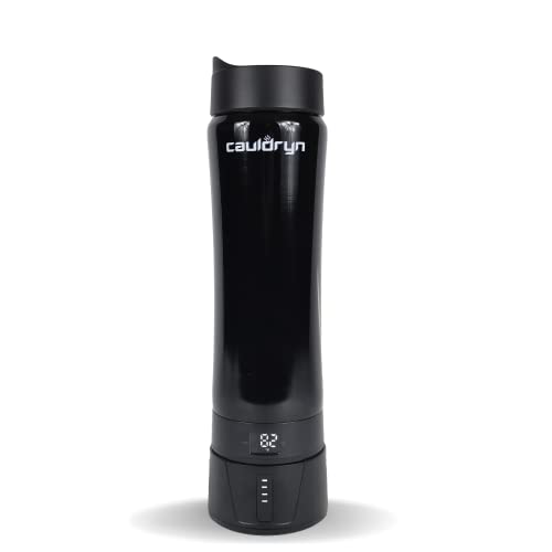 The PahaQue Wilderness Cauldryn Coffee Pro is a tall black insulated travel mug with smart temperature control, a digital display at the base, and Cauldryn printed near the top to keep your drinks perfectly heated.