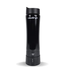 The PahaQue Wilderness Cauldryn Coffee Pro is a tall black insulated travel mug with smart temperature control, a digital display at the base, and Cauldryn printed near the top to keep your drinks perfectly heated.