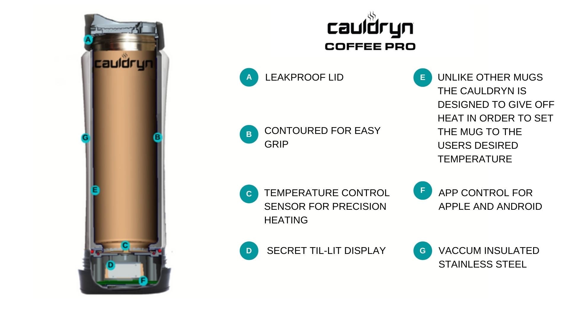 The PahaQue Wilderness Cauldryn Coffee Pro is a tall, copper travel mug with a leakproof lid, contoured grip, vacuum-insulated steel, temperature sensor, hidden display, app control, and advanced heat control for perfect heated coffee.