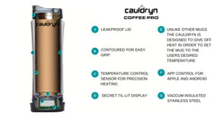 The PahaQue Wilderness Cauldryn Coffee Pro is a tall, copper travel mug with a leakproof lid, contoured grip, vacuum-insulated steel, temperature sensor, hidden display, app control, and advanced heat control for perfect heated coffee.