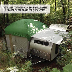 A 10x10 Side Mount Screen Room Tent by PahaQue is set up in the woods, attached to a silver teardrop trailer with an extended canopy, creating a cozy outdoor area. Text overlay highlights the tents wall panels and zipper doors. Brand: Paha Que Custom.