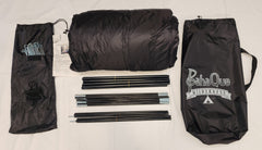 A disassembled Paha Que Custom 10x10 Side Mount Screen Room Tent kit—includes rolled tent, two bags, poles, stakes, and instructions—shown neatly arranged on a white surface, ready for your next camping or outdoor adventure.