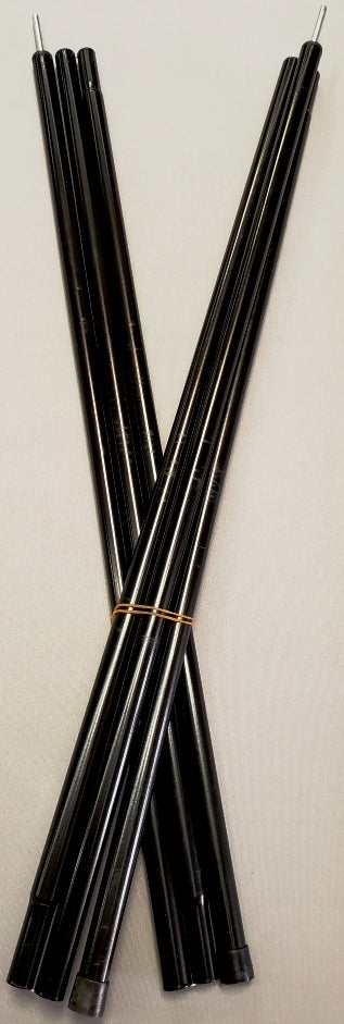Six black awning poles with metal tips are arranged in an X shape and secured by a rubber band on a light surface—a perfect Paha Que Custom 5x7 and 10x10 Side Tent Replacement Awning Pole Set for your tent accessories.