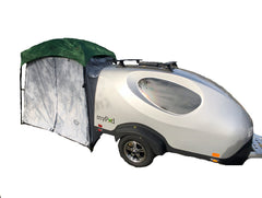 A compact 5x7 Trailer Side Tent Screen Room for camping and outdoor adventures by Paha Que Custom, shown in green and gray, designed to expand your camping gear—isolated on a white background.