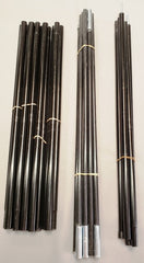 Three bundles of black poles, possibly fiberglass, are tied with rubber bands and arranged vertically on a light surface. The right bundle, part of the Paha Que Custom 10x10 Side Tent Complete Pole Set for SR10N-A Screen Room Tent, has silver ends.