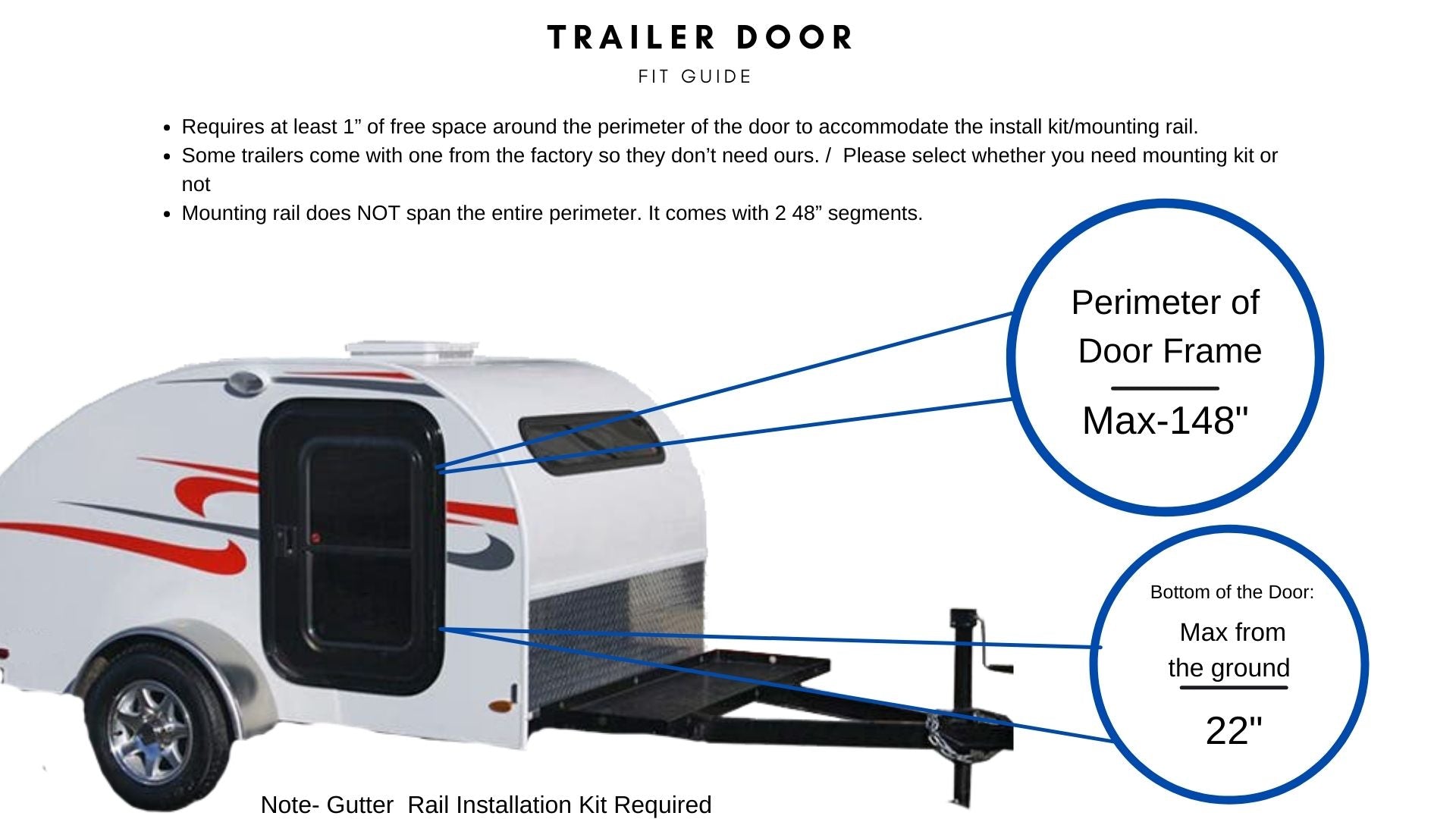 A diagram of the Paha Que Custom 5x7 Trailer Side Tent Screen Room shows a max door frame perimeter of 148, 22 ground clearance, and installation notes—ideal for enhancing your teardrop trailer during camping and outdoor adventures.
