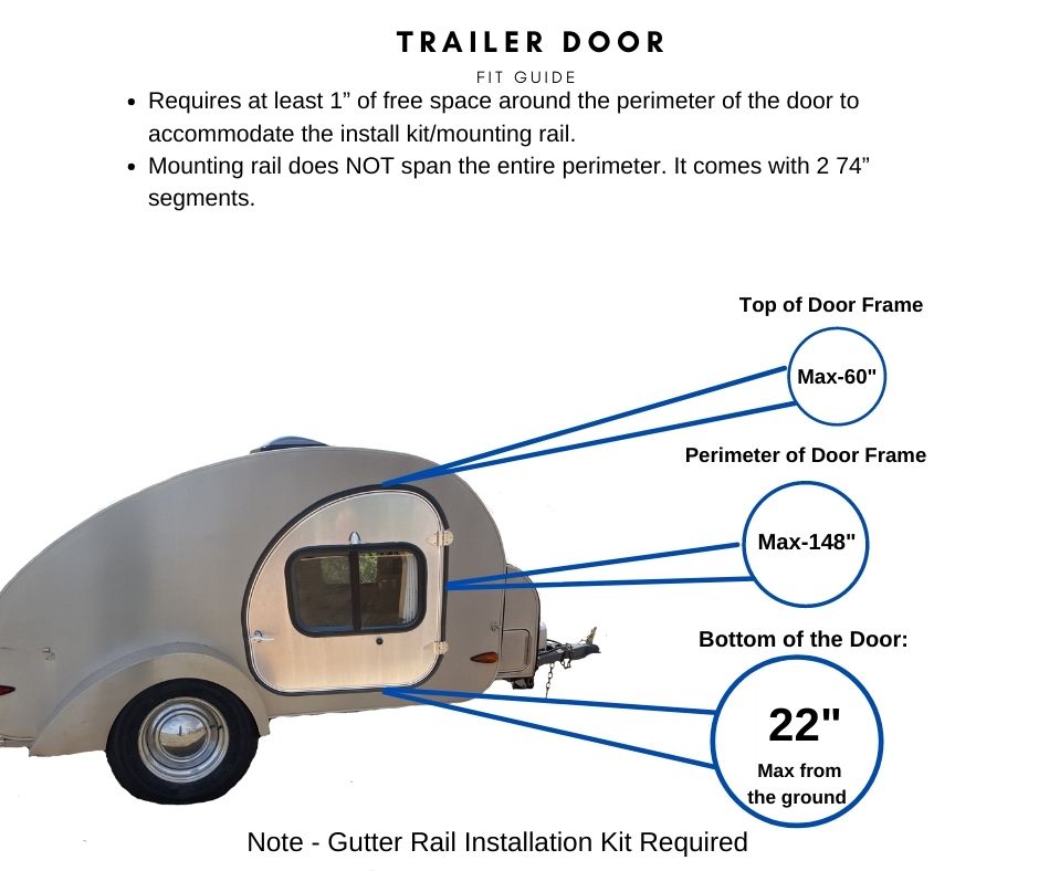 A diagram shows a compact trailer with door measurements and gutter rail details—22 from ground to bottom, with max lengths—ideal for Paha Que Custom’s Camp Inn Mounting Kit for Trailer Side Tents (10x10 or 5x7).