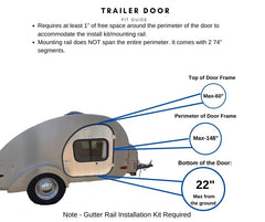 A diagram shows a compact trailer with door measurements and gutter rail details—22 from ground to bottom, with max lengths—ideal for Paha Que Custom’s Camp Inn Mounting Kit for Trailer Side Tents (10x10 or 5x7).